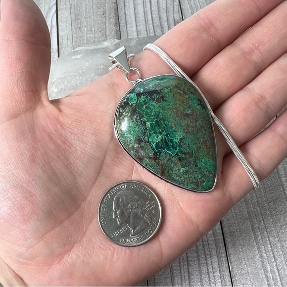 *SOLD*LARGE Chunky Chrysocolla Gemstone Pendant Necklace Sterling Silver 925 New - Picture 5 of 8